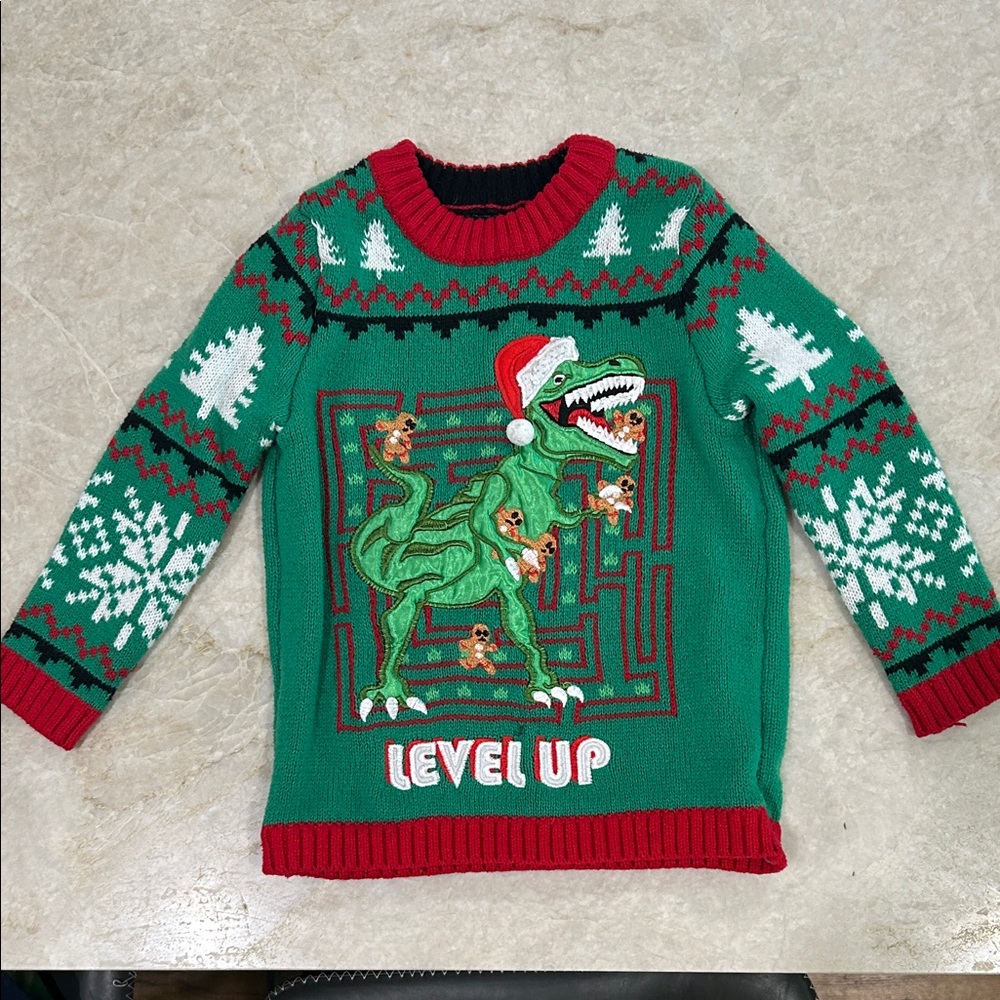 Festive Dinosaur Sweater for Kids - Green and Red